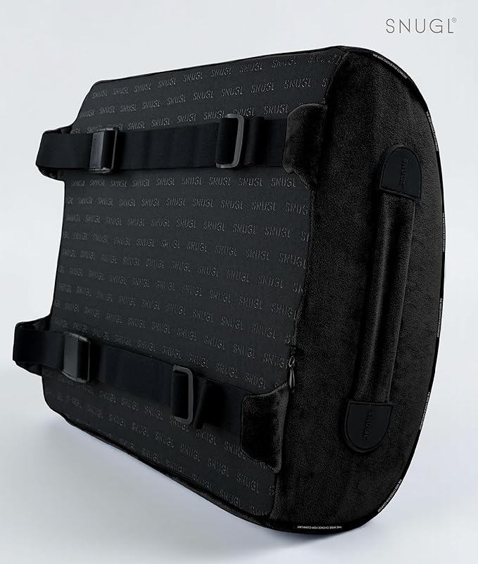 SNUGL Lower Back Support Cushion for Chair and Car Seat | Memory Foam Back Lumbar Support Cushion with Dual Straps | Ergonomic Office Chair with Non-Slip Back Layer | Black