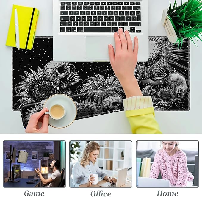 3Pcs Mouse Pad Set, Gothic Skull Sunflowers Large Gaming Mouse Pad with Stitched Edge, Ergonomic Memory Foam Keyboard Wrist Support and Mouse Wrist Rest Cushion, Pain Relief Non-Slip Desk Pad Combo