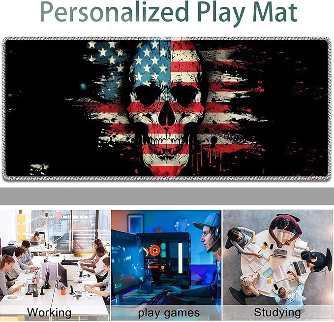 Large Gaming Mouse Pad + Keyboard Wrist Rest + Wrist Support + Coaster Set, Memory Foam Ergonomic for Easy Typing, XXL Extended Gaming Mouse Pad Table Pad - American Flag Skull