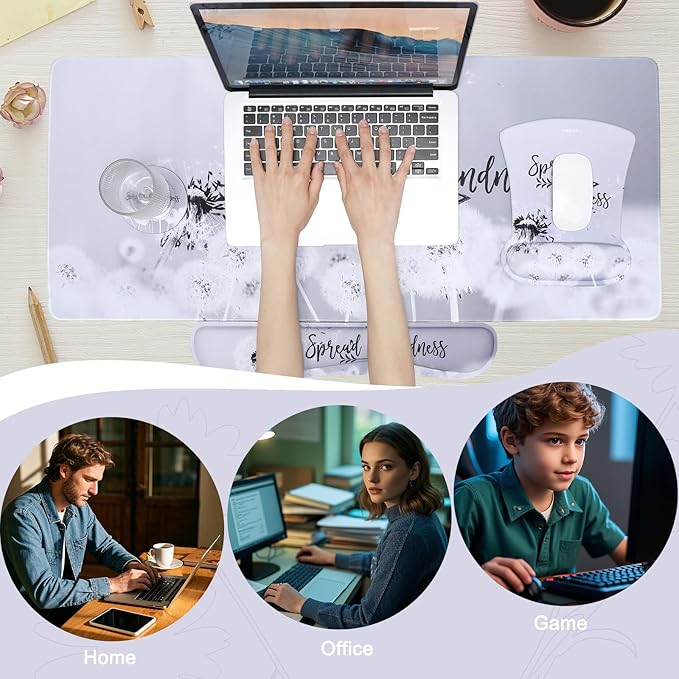 MEGREZ 4-in-1 Ergonomic Memory Foam Wrist Rest Set, Desk Pad, Mouse Pad with Wrist Rest, Keyboard Pad, Suitable for Office Workers, Programmers & Gamers–Relieve Typing & Gaming Fatigue, Gray Dandelion