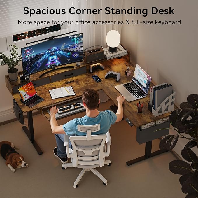 63 Inches Height Adjustable L Shaped Standing Desk with 2 Drawers and Keyboard Tray, Electric Sit to Stand Home Office Comupter Table, Ergonomic Corner Gaming Desk, Rustic Brown
