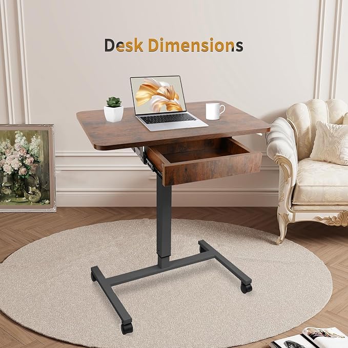 CLATINA Mobile Laptop Standing Desk, Height Adjustable Teacher Podium with Lockable Wheels, Adjustable Work Table with Drawer, Computer Cart Overbed Table for Home Office Classroom, Brown
