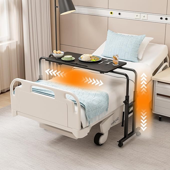 Overbed Table with Wheels, Adjustable Height and Length Over Bed Desk, Hospital Heavy Duty Metal Leg Laptop Stand for Adults