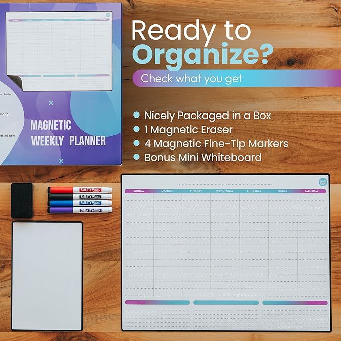 Dry Erase Weekly Extra Thick Magnetic Calendar for Refrigerator: 17x13 Two Week Planner and 6x9 White Board, 4 Fine Tip Markers and Eraser. Stain Resistant. Shipped Flat. (Weekly Planner)