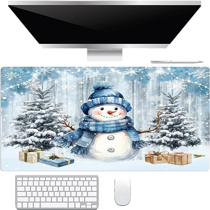 HVEST Cute Christmas Gaming Mouse Pad for Desk, Xmas Tree Snowman Snowflake Desk Mat XL,Large Keyboard and Mouse Pad with Non-Slip Rubber Base and Stitched Edge for Game, Office, Home 31.5'' x 15.7''