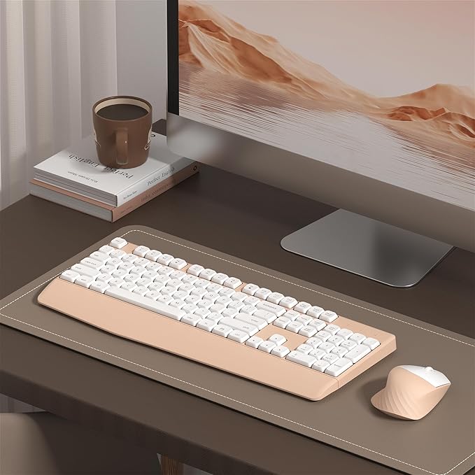 Wireless Keyboard and Mouse Combo, Full-Sized 104 Keys 2.4GHz Wireless Keyboard with Palm Rest and Wireless Mouse for Windows, Mac OS PC/Computer/Laptops/Desktops(Milk Tea)