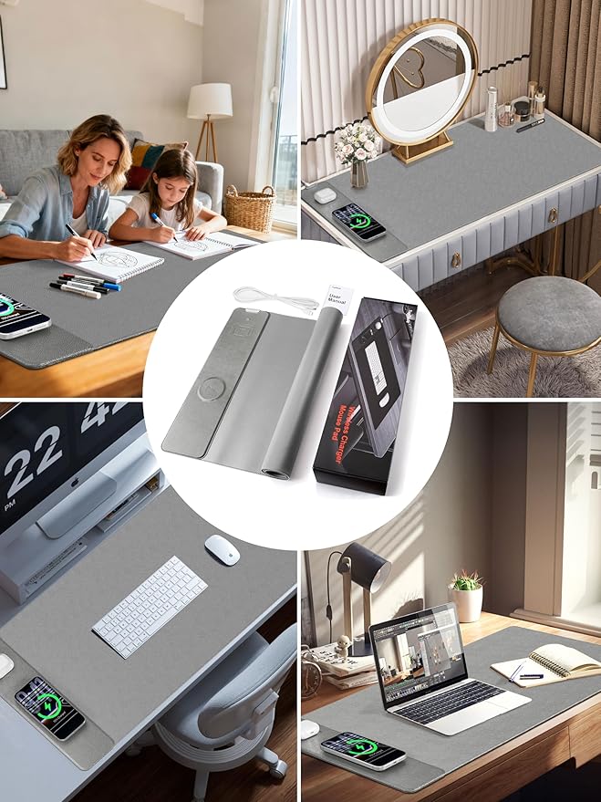 TopMade Mouse Pad with 15W Wireless Charging, XXL Large Leather Desk Mat, Waterproof Gaming Mousepad Home Office Desk Pad Protector, Computer Keyboard Pad, Mouse Mat for MacBook, PC, Laptop, Gray