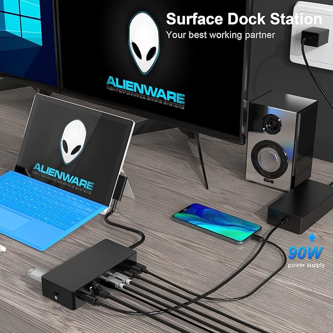 Surface Dock, Surface Pro Docking Station with 90W Power Supply Compatible with Surface Pro11/10/9/ 8/X/7/6/4/3, Surface Laptop 4/3/2/go, Surface Laptop, Surface Book2,Surface Book,Surface Go