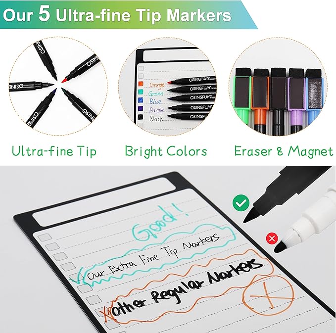 Magnetic Whiteboard for Fridge 3 Pcs 4.5"x10" Magnetic Dry Erase Board for Refrigerator Magnet to Do List White Board for Fridge Weekly Menu Board for Kitchen Meal Planner 5 Ultra Fine Tip Markers