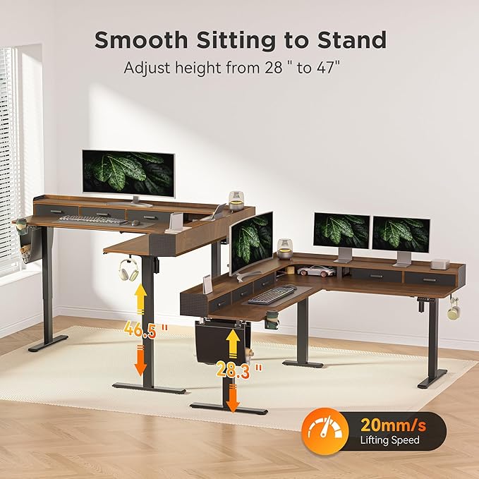 75 Inches Height Adjustable L Shaped Standing Desk with 5 Drawers and Monitor Shelf, Electric Sit to Stand Home Office Comupter Table, Ergonomic Corner Gaming Desk, Black Walnut
