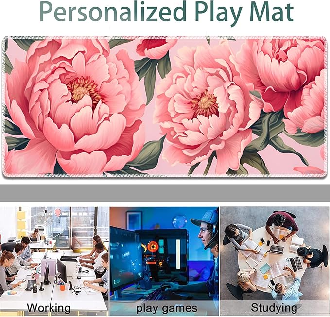Large Gaming Mouse Pad + Keyboard Wrist Rest + Wrist Support + Coaster Set, Memory Foam Ergonomic for Easy Typing, XXL Extended Gaming Mouse Pad Table Pad - Art Pink Flowers