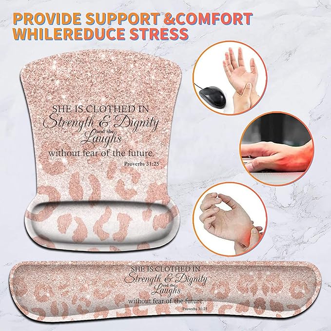 Keyboard Wrist Rest Pad and Ergonomic Mouse Pad Wrist Support Set Proverbs 31:25 Bible Verse Leopard Star Pattern for Gaming, Office, Comfortable and Pain Relief with Coaster Set