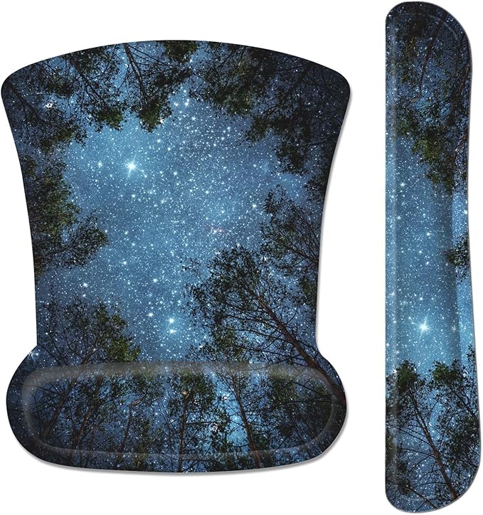 Ergonomic Mouse Pad with Wrist Rest Support and Keyboard Wrist Rest Pad with Coaster, iDonzon Cute Wrist Pad with Non-Slip Rubber Base and Raised Memory Foam, Easy Typing & Pain Relief, Forest Starry