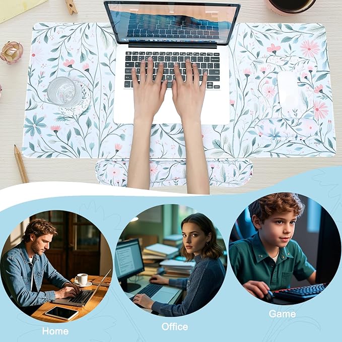 MEGREZ 4-in-1 Ergonomic Memory Foam Wrist Rest Set, Desk Pad, Mouse Pad with Wrist Rest, Keyboard Pad, Suitable for Office Workers, Programmers & Gamers–Relieve Typing & Gaming Fatigue, White Flower