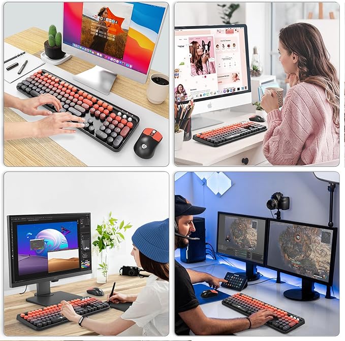 FOPETT Wireless Keyboard and Mouse Combo - 2.4G Full-Sized Cute Colorful Mouse and Keyboard with 104 Round Keys Retro Typewriter Keyboard for Laptop/Windows/PC - Orange Gradient