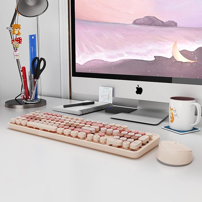 Wireless Keyboard and Mouse, KOOTOP Cute Keyboard and Mouse, 2.4G Wireless Keyboard with Retro Round Keycap for PC, Mac, Laptop,Computer Windows (Milk Tea)