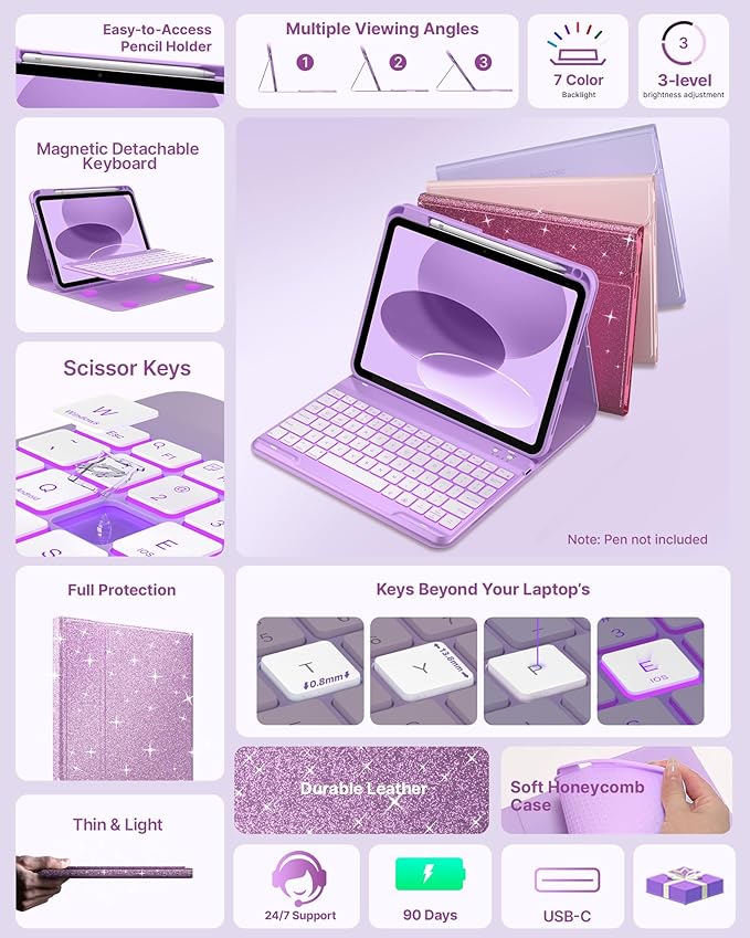 typecase Folio Keyboard Case for iPad 10th Gen 10.9 inch (2022) and iPad 11th (A16, 2025), Magnetic Wireless Detachable Keyboard, 7-Color Backlight, Thin & Light, Pencil Holder – Purple Glitter
