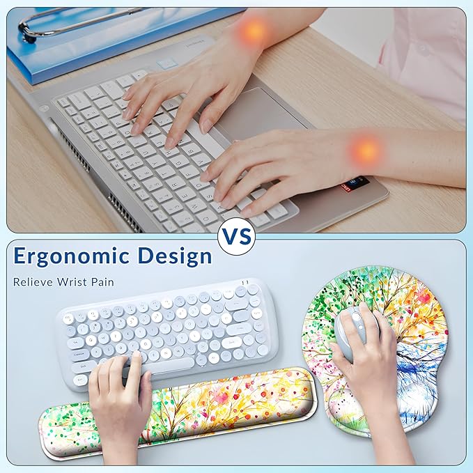 Desk Mat Set + Keyboard and Mouse Pad with Wrist Rest Support,4-in-1 Large Mousepad Computer Mats for Desktop Home & Office-Watercolor Tree