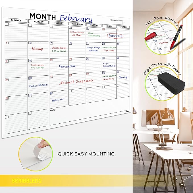 Large 36"x48" White Board Calendar Blank Dry Erase Calendar for Wall Big Dry Erase Wall Calendar Monthly Large Wall Calendar Dry Erase Board Planner Includes 6 Markers Eraser Push Pins & Mounting Tape