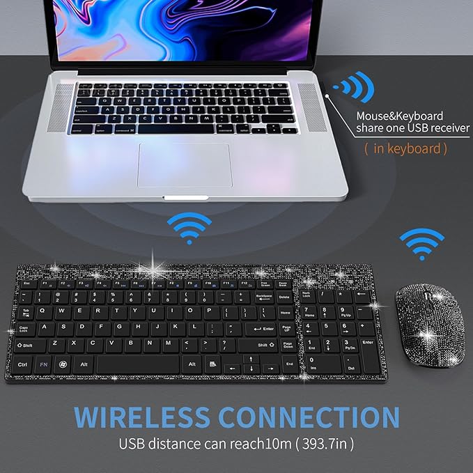 Dazzling Luxury Keyboard and Mouse Wireless, Sparkly Bling Rhinestone Wireless Mouse and Keyboard Gift Set (Black)