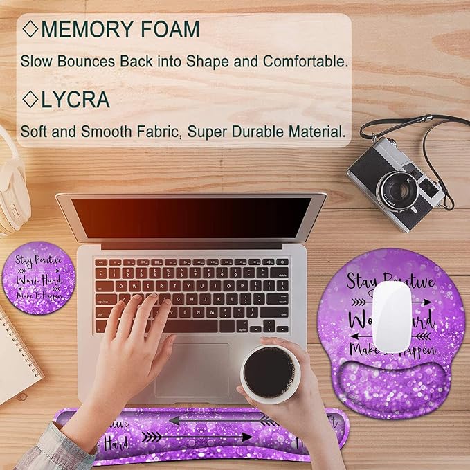 Keyboard Wrist Rest and Mouse Pad with Wrist Support, Ergonomic Mouse Pad Coaster,Easy Typing Pain Relief,Keyboard Mousepad Set,Stay Positive Work Hard and Make It Happen Purple Glitter