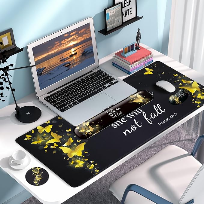Keyboard Wrist Rest + Mouse Pad with Wrist Support + Desk Mat + Coaster 4 in 1 Set,Desk Matt for Desktop,Cute Large Gaming Ergonomic Mousepad for Computer Laptop Office Home Decor-Gold Butterfly