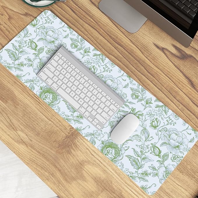 Sage Green Chinoiserie Mouse Pad,Sage Green Floral Desk Mat,XL Large Greens Floral Preppy Trendy Mouse Pad,Girly Gaming Mousepad,Girly Laptop Desk Mat for Dorm Home Office,31.5x11.8 Inch