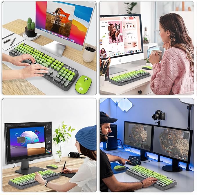 Wireless Keyboard and Mouse Combo - Cute Colorful Keyboard and Mouse, Retro Typewriter Keyboard with 2.4GHz Plug & Play, for Windows 11/10/7, Laptop, PC (V2020-Green)