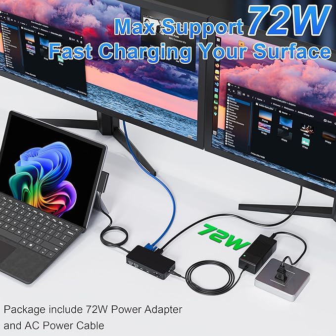 Surface Docking Station, 11-in-1 Dual Monitor 4K@60Hz HDMI +VGA Surface Dock, for Surface Pro 11/10/9/8/X/7/6/5/4, Surface Laptop, Book, Go | 72W Charging, Ethernet, 5Gbps USB
