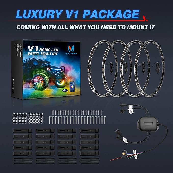 MICTUNING 17inch V1 RGB+IC Chasing Color Wheel Ring Lights Kit with APP Control, Double-Row Dream Color Chasing Flow Neon Wheel Rim Lights with Turn Signal and Braking for Pickup Truck Car SUV