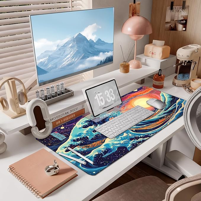 Mouse Pad Gaming - Desk Mat for Keyboard and Mouse - Japanese Sea Wave Large Mouse Pads for Desk, Desks Pad(35.4" X 15.7") with Non-Slip Base, Kanagawa Gaming Mousepad for Game, Office and Home