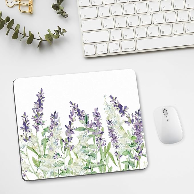 Floral Flower Mouse Pad Purple White Green Plant Leaf Women Mousepad Nature Aesthetic Pretty Desk Computer Gaming Office Cute Non-Slip Wireless Mat Washable Decor Accessories Pattern Laptop Travel