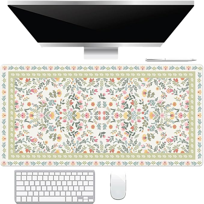 HVEST Cute Floral Mouse Pad, Sage Green Desk Mat,XXL Large Mouse Pad for Laptop Computer, Mousepad with Non-Slip Rubber Base and Stitched Edge for Game, Office, Home 31.5'' x 15.7''