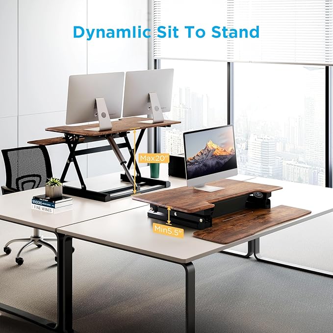 29" Electric Standing Desk Converter, Dyropcurv Series Height Adjustable Computer Desk Ergonomic Home Office Desk for Adults, Sit to Stand Desk with Quiet Motor, Vintage Brown