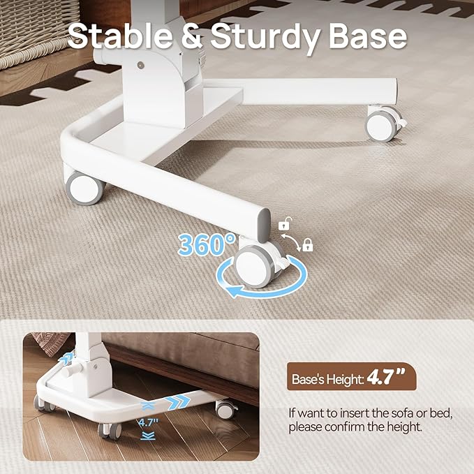 Foldable Mobile Standing Desk, 90 Tiltable Rolling Standing Desk, Height Adjustable Portable Laptop Workstation for Home Office, Easy to Fold, White