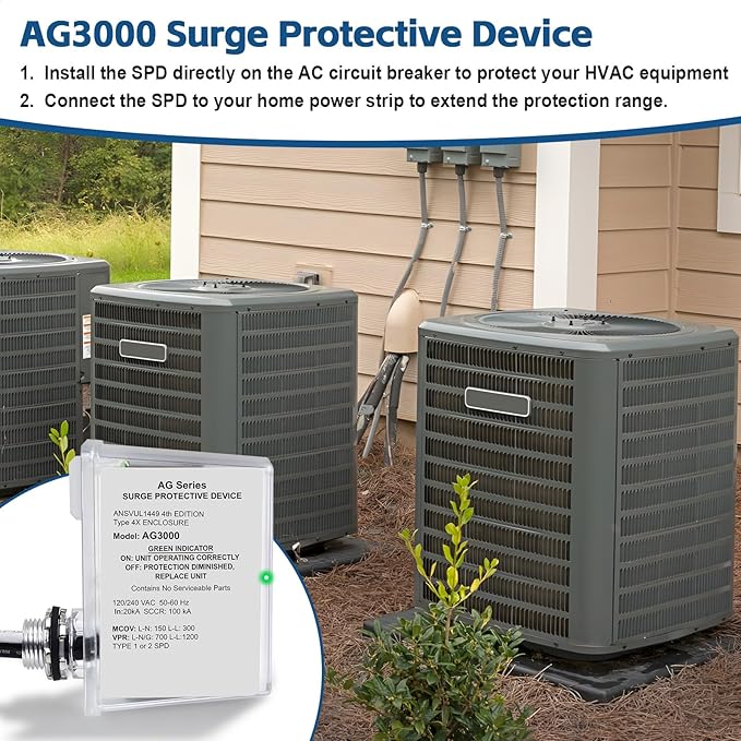AG3000 HVAC Surge Protector 120/240V, 3-Mode Mini Split Surge Protective Device with TPMOV Technology, Type 4X Watertight Enclosure Lightning & Surge Protection for AC, Furnace, HVAC Equipment