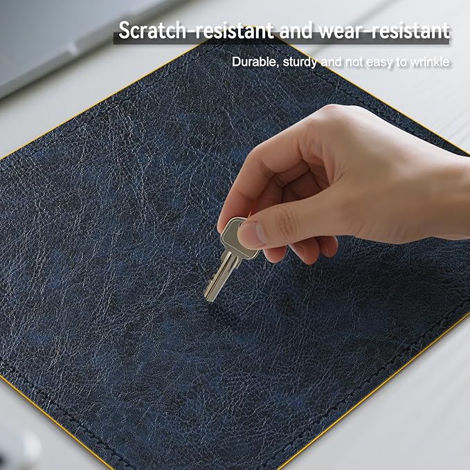 Imitation Crazy Horse Leather Desk Mat - Waterproof Desk Pad - Ideal for Large Mouse Pad and Desk Mats on Top of Desks (Dark Blue+Yellow, 11"*8")