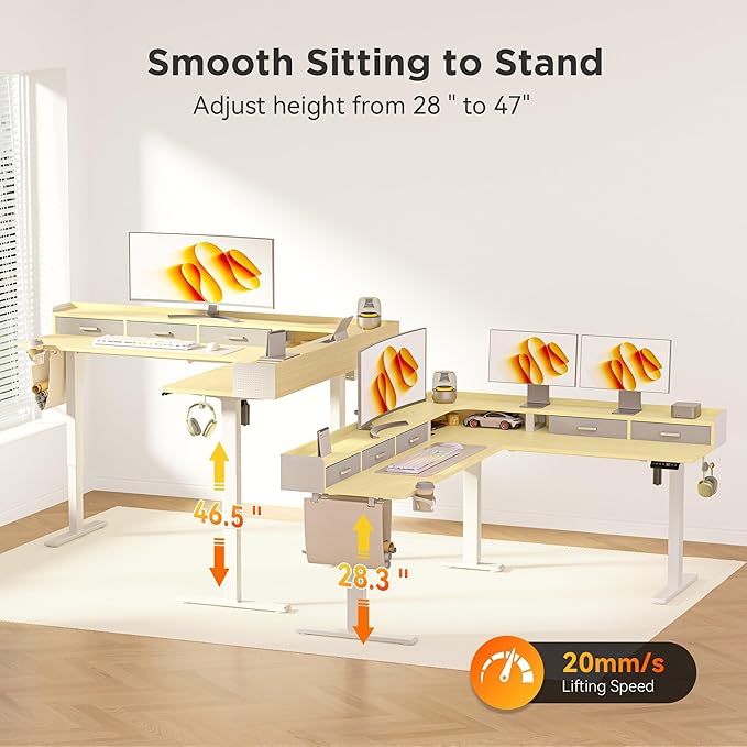 75 Inches Height Adjustable L Shaped Standing Desk with 5 Drawers and Monitor Shelf, Electric Sit to Stand Home Office Comupter Table, Ergonomic Corner Gaming Desk, Oak