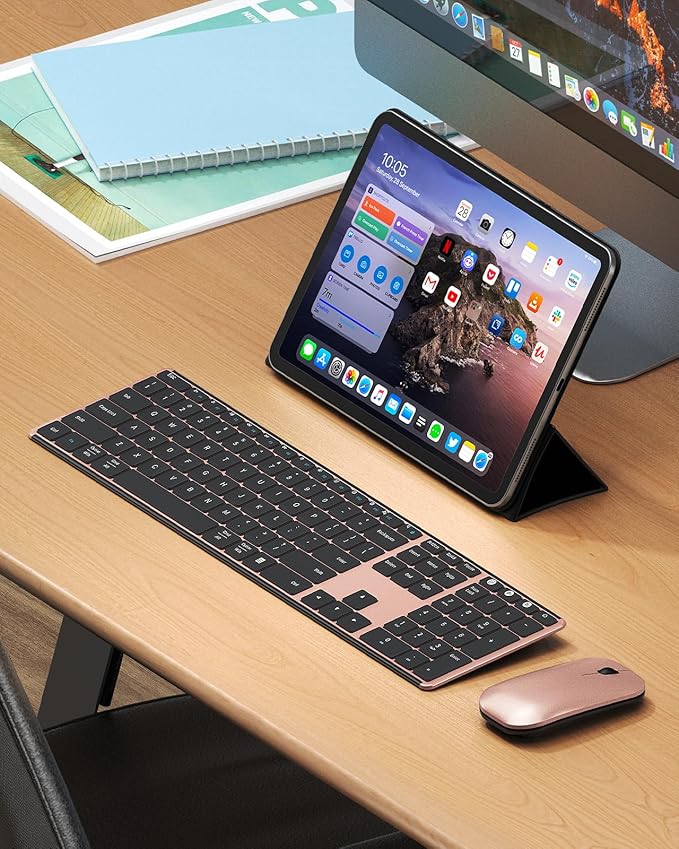 seenda Wireless Bluetooth Keyboard and Mouse Combo, SKM64-3 Rechargeable Slim Quiet Keyboard Mouse, 3 Multi-Device Connection, Compatible for Windows, Mac, MacBook, iPad, Tablet, Black Rose Gold