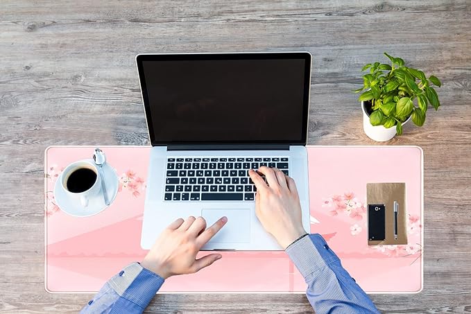 Pink Desk Pad, Japanese Mount Fuji Mouse Pad XXL, Cute Cherry Blossom Deskmat, Large Anime Game Computer Keyboard Mouse Mats, Women Full Desktop Protector, Home Office Accessories 31.5"X15.7"