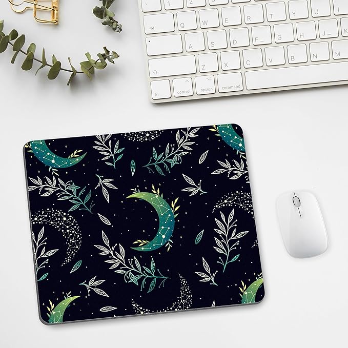 Black Moon Stars Mouse Pad Cute, Mystical Herb Square Computer Mousepads Washable Dark Boho Crescent Magic Nature Leaf Desk Mouse Pads Non-Slip Rubber Base for Gaming Office Laptop Wireless Mouse