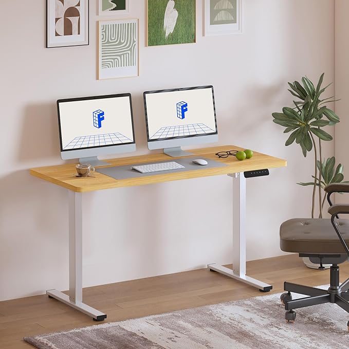 FLEXISPOT Standing Desk, 48" x 24" One-Piece Desktop, Height Adjustable Computer Desk for Home Office, White Frame & Maple Top (One Package)