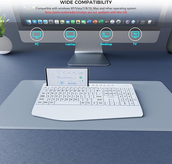 KYSONA Large Print Wireless Keyboard, Full Size Cordless Computer Keyboard with Phone Holder, Palm Rest, Ergonomic Tilt Angle, 2.4G Plug-and-Play, Compatible with Tablet/Windows/Laptop/PC, White