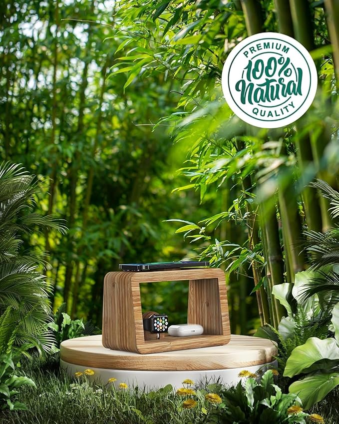 Bamboo Wireless Charging Station with Night Light, 3 in 1 Charging Station for iPhone 17/16/15/14/13/12/11 Pro Max/X/Xs, AirPods 4/3 & AirPods Pro 3/2/1/, Apple Watch Series