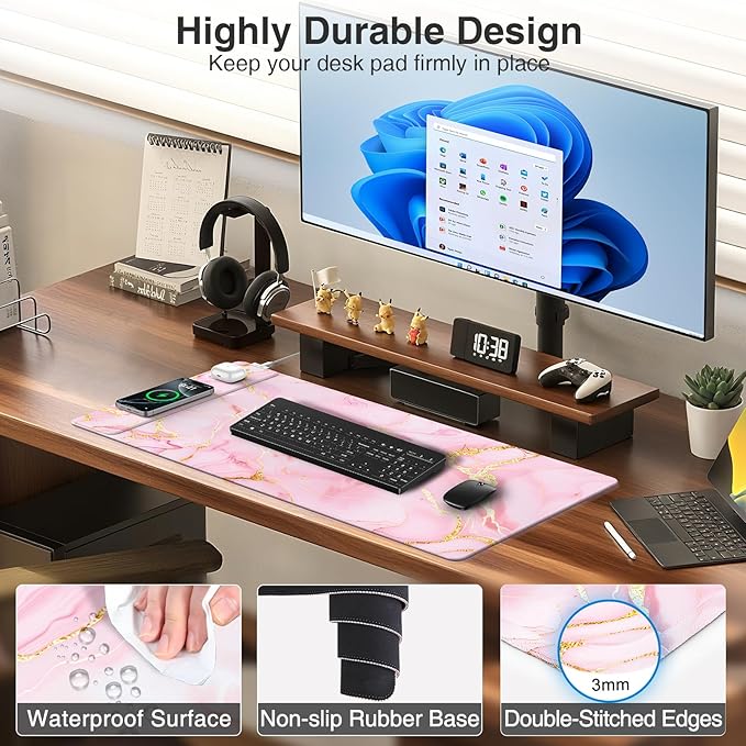 Pink Marble Mouse Pad with 15W Wireless Charging, 31.5"x15.8" Large Gaming Desk Pad/Mat for Women Girls, Waterproof Ultra-Smooth Surface, Non-Slip Base, with 20W PD Adapter