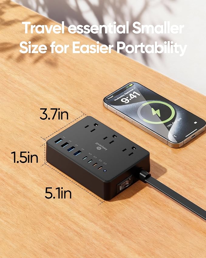 100W Power Strip, 6 AC Outlets 8 USB Ports(4 USB C) with 2000J Surge Protector, 5ft Flat Plug Extension Cord, Compact for Desk Home Office Dorm, Black