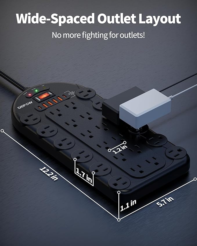 6.5 Ft Power Strip Surge Protector with 24 AC Outlets (1875W/15A) 6 USBs (2 USB-C Ports), 3,400 Joules, Heavy Duty Flat Plug Extension Cord, Wall Mountable for Home, Office, Black, ETL Listed