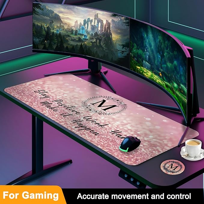 Pink Large Gaming Mouse Pad with Coaster, Desk Mat, Mouse Pad for Computer Keyboard Laptop Office Decor, Stitched Edges Extended Mousepad, 31.5'' x15.6''-Letter M
