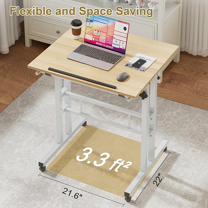VECELO Small Mobile Standing Desk 24 Inch, Adjustable Height Portable Stand Up Desk with Wheels Computer Workstations, Rolling Laptop Cart, Oak