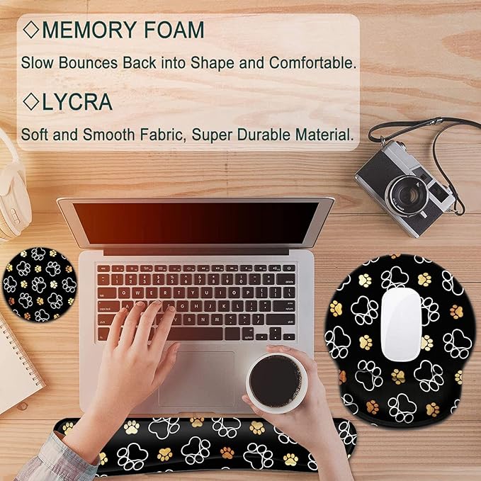 Keyboard Wrist Rest and Mouse Pad with Wrist Support, Ergonomic Gel Mouse Pad Coaster for Easy Typing Pain Relief, Memory Foam Keyboard Mousepad Set,Cute Dog Paw Prints Gold White